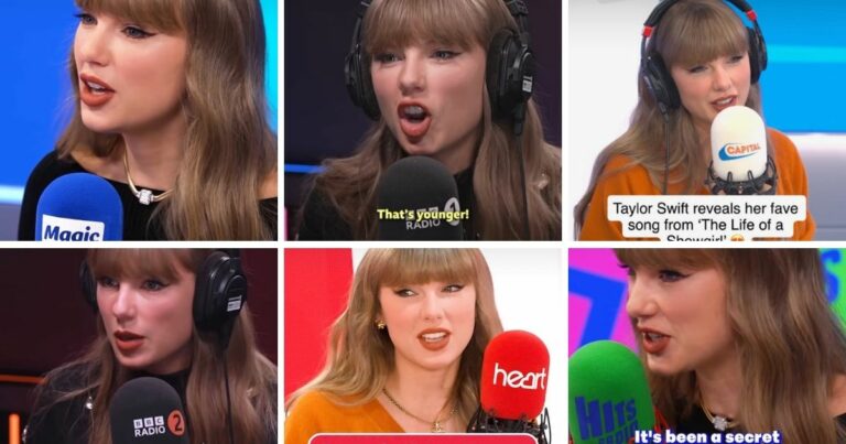 Taylor Swift en interview dans les studios des principales radios britanniques — BBC Radio 1, BBC Radio 2, Capital FM, Heart, Magic Radio et Hits Radio — lors de la promotion de son album “The Life of a Showgirl”, octobre 2025.